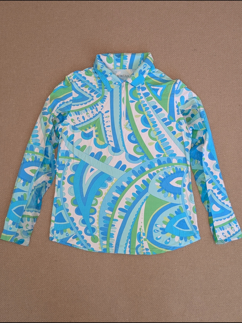 Icikuls Blue Green Patterned Long Sleeve Lightweight Golf Tennis Shirt